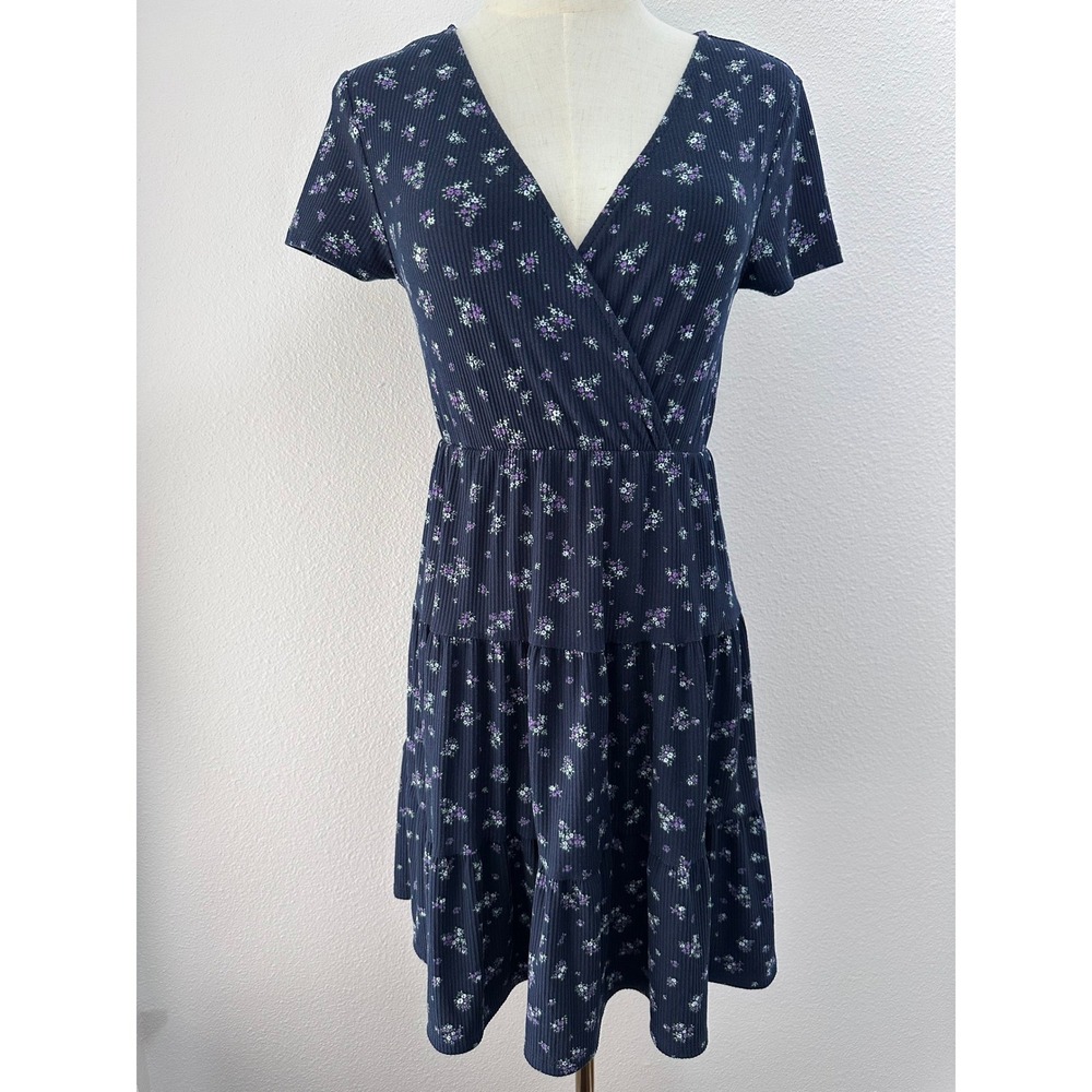 No Boundaries Babydoll Tiered Mini Dress S Navy Blue Ditsy Floral Cottagecore